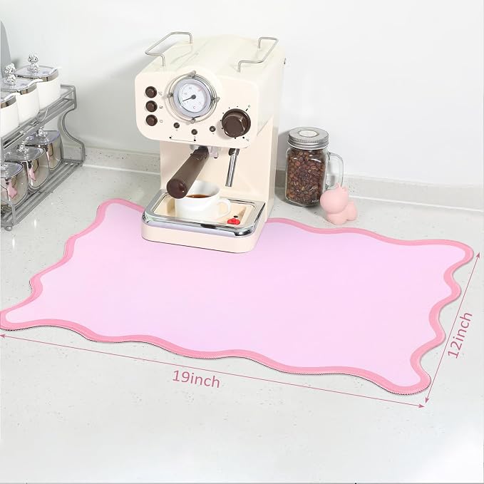 Nuanchu Pink Scalloped Coffee Mat 12" x 19" Coffee Bar Accessories Cute Dish Drying Mat for Kitchen Counter Aesthetic Waterproof Coquette Drainer Pad