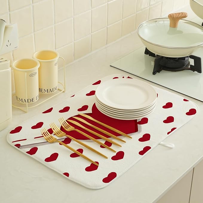 Valentines Dish Drying Mat 18x24 Inch Red Hearts Dish Drainer Protector Pad for Kitchen Counter Absorbent Holiday Love Drying Pad for Drainer Rack Kitchen Fast Dry
