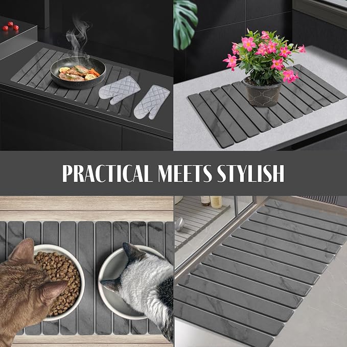 2 PCS Extra Large Stone Dish Drying Mat for Kitchen Counter, 28"×16" Marble Dish Drying Mat with 8"x 4" Coasters, Non - Slip Collapsible Absorbent Mat for Multi - Purpose, Match Any Countertop