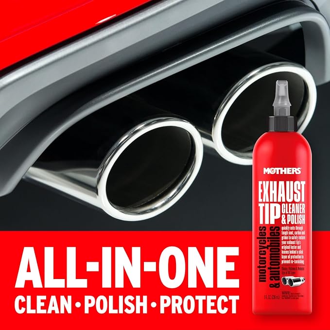 Mothers Exhaust Tip Cleaner & Polish, 8 oz. (05138) | Cleans, Polishes & Protects Stainless Steel, Chrome & Black Chrome Tips, Removes Baked-on Carbon, Soot & Tarnish