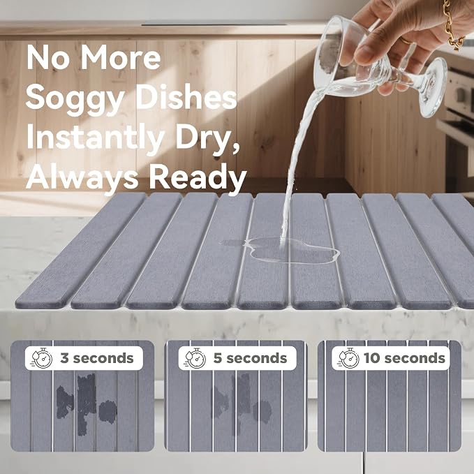 Stone Drying Mat for Kitchen Counter, 24"(L)×16"(W), Drying Matt Kitchen Counter, Quick Dry Stone Dishes Mats, Foldable Diatomaceous Earth Mat (Pure Gray)