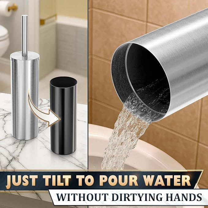 2 Pcs Stylish Stainless Steel Toilet Brush and Holder Set - Silver Toilet Bowl Brush and Holder with Splash Cover, Sturdy Bristles, Corrosion & Scratch Resistant - Elegant Design, Effective Cleaning