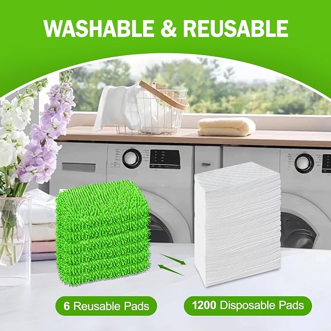 6 Pack Reusable Mop Pads Compatible with Swiffer Sweeper, Dry Sweeping Cloths & Wet Mopping Cloths - Microfiber Mop Pads for Hardwood Floors, Floor Cleaning, Wood Floors (Green)