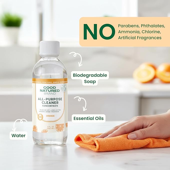 Good Natured Brand All-Purpose Cleaner Concentrate | 8oz makes 128oz | Orange Essential Oil | 16X Concentrated Natural Multi-Surface Cleaner