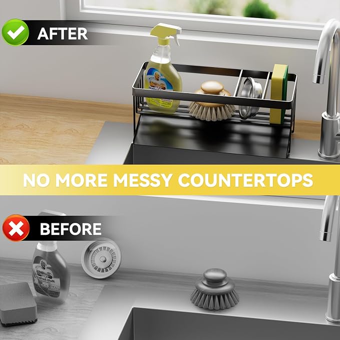 Kitchen Sink Caddy Organzier with Sponge Holder and Removable Drip Tray for Kitchen Sink, 304 Stainless Steel Organize for Sponge Soap Dish Brush Storage Accessories(Black)