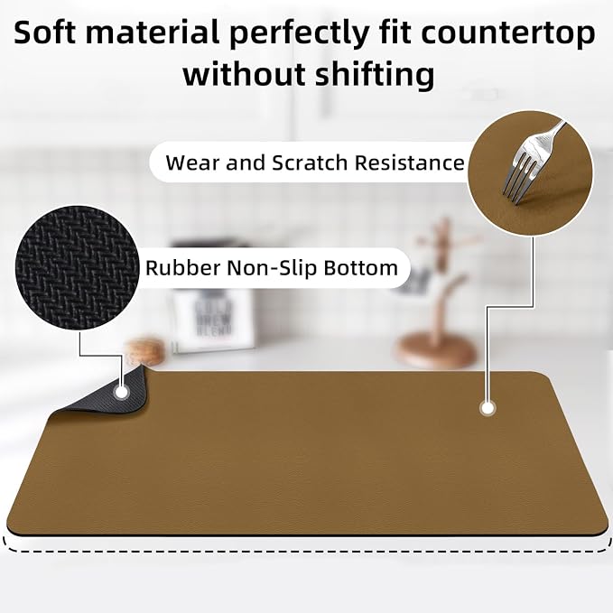 LOPNUR Kitchen Dish Drying Mat, 31.5"x17" Dish Drying Mats for Kitchen Counter, Diatomite Coffee Mat, Super Absorbent Dish Drying Pad, Heat Resistant Mat with Anti-slip Rubber Backed, Brown