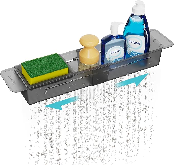 NiHome Extendable Sink Caddy, Small Telescopic Kitchen Brush Holder | Adjustable Sink Organizer for Brushes/Sponge with Fast Drainage, Durable ABS, Non-Slip Pads, Expandable (Translucent Gray)
