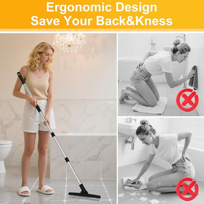 2 Pack Grout Brush with Long Handle, Swivel Cleaning Grout Line Scrubber - Extendable Durable Handle Grout Cleaner Brush for Bathroom,Tile,Baseboard,Walk in Shower,Corner & Narrow Space (Black)