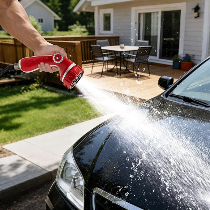 HugeDawn Garden Hose Nozzle with 7 Spray Patterns, Heavy Duty Metal Sprayer 30% Greater Water Flow for Watering, Car Wash, Outdoor Cleaning (Red)