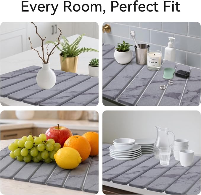 Stone Drying Mat for Kitchen Counter, 24"(L)×16"(W), Drying Matt Kitchen Counter, Quick Dry Stone Dishes Mats, Foldable Diatomaceous Earth Mat (Dark Gray)
