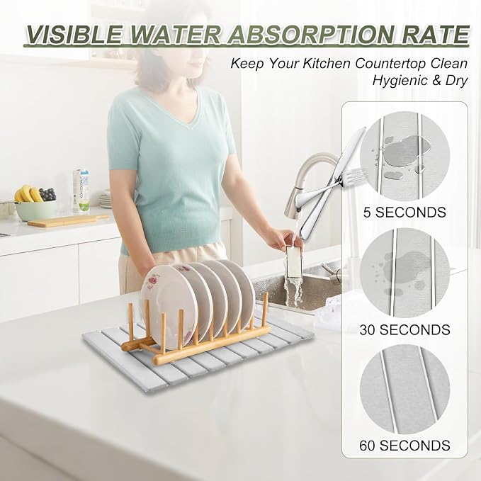 Dish Drying Mat Large Stone Dish Drying Mat For Kitchen Counter Collapsible Quick-Drying Sleek Diatomaceous Versatile Stone Drying Mats For Cups Dishes Bottles Marble (gray, 16''X24'')