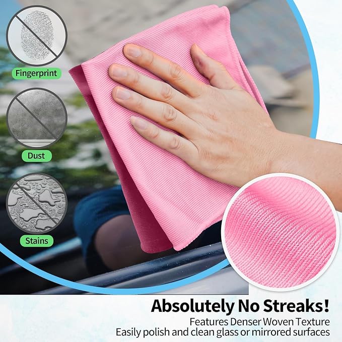 Microfiber Cleaning Cloth - 6 Pack Glasses Cleaning Cloth, 16" x 14" Window Cleaning Rags, Streak Free Lint Free Polishing Cloths Wipes for Eye Glass, Stainless Steel, Windshield, Pink