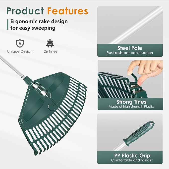 ORIENTOOLS 69" Adjustable Leaf Rake with 5-Section Handle, 26-Tine Durable Plastic Head, Dual-Use Design Converts to Leaf Scoops, Lightweight Yard Rake for Lawns, Grass, Shrubs & Garden Cleanup