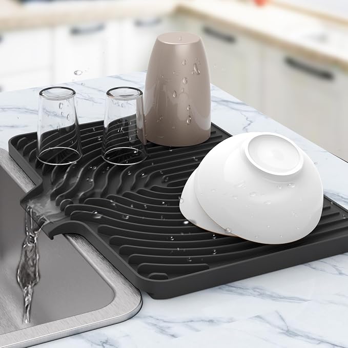 Silicone Dish Drying Mat for Kitchen Counter , Dish Drying Rack Matt with Built in Drain, 18 Inch dish Dry Mats for Kitchen Counter,Bumps up sinks Applicable (18×12inch Extra Raised, black)