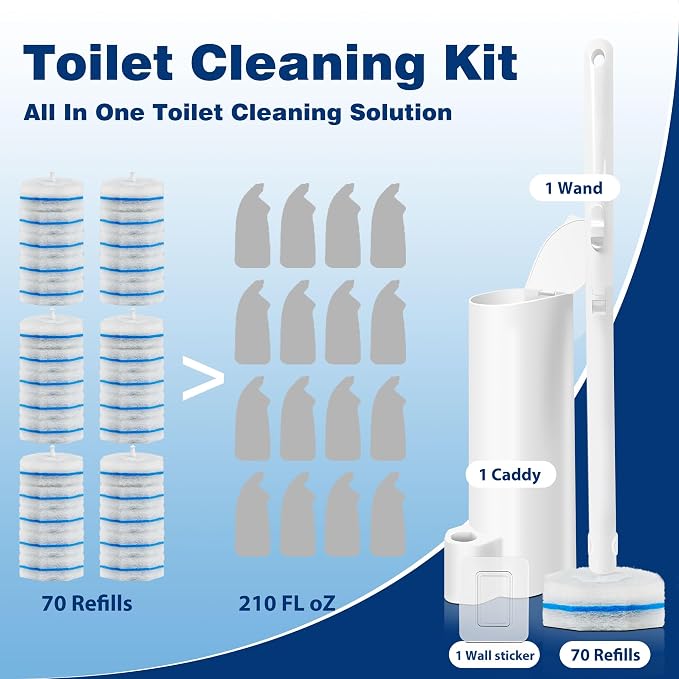 Disposable Toilet Brush with 70 Refills, Wall Mounted Toilet Bowl Cleaner Wand Kit and Holder, Bathroom Cleaning Supplies, Toilet Scrubber Disposable Heads, 1 Pack