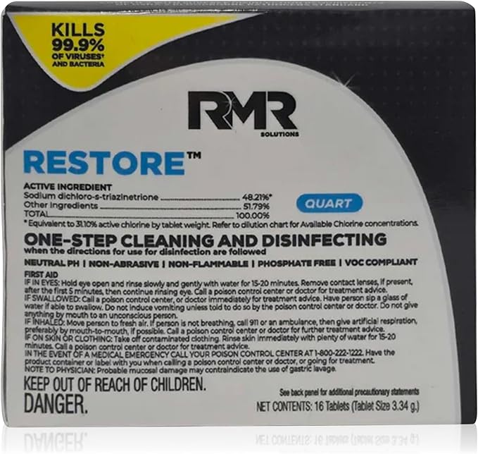 RMR Solutions RESTORE Disinfectant & Cleaner Concentrate, EPA Registered Mold Remover & Antibacterial Cleaning Solution for Kitchen, Bathroom, Floor, Home, Pet Areas, Counter, 3.34g, Makes 16 Quarts