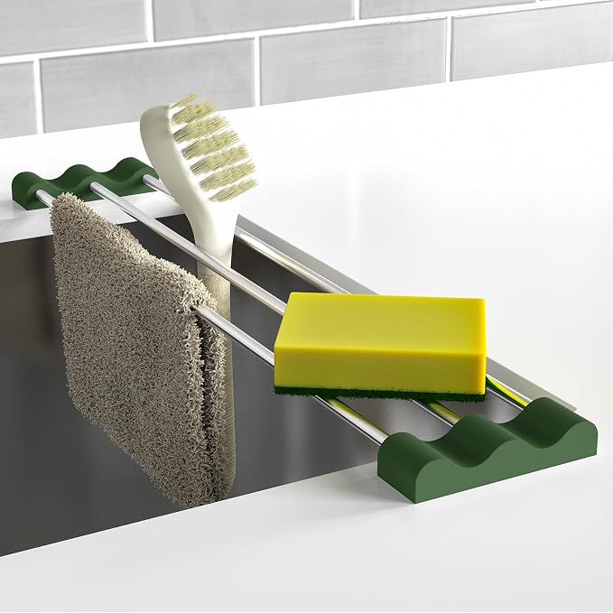 Tomorotec Adjustable Over-The-Sink Kitchen Rack for Dishcloths, Sponges, and Brushes - Heat-Resistant Stainless Steel with Slim, Expandable Design and Multifunctional Silicone Holder (Army Green)
