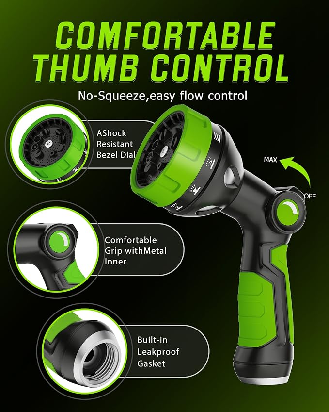 Hose Sprayer Nozzle Heavy Duty - 10 Spray Patterns Garden Hose Nozzle with Adjustable Flow Control for Watering Plants, Washing Cars,Washing Pets, Thumb Control (Green)
