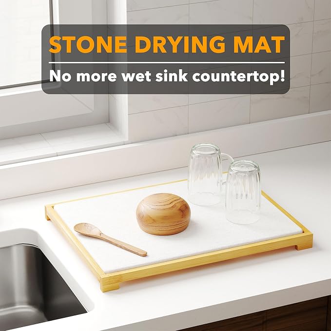 SpaceAid Bamboo Rack Dish Pad, Instant Dry Diatomaceous Earth Mat for Kitchen Counter, Stone Dish Fast Drying Mat Board (15.8 x 11.8 inch, White)