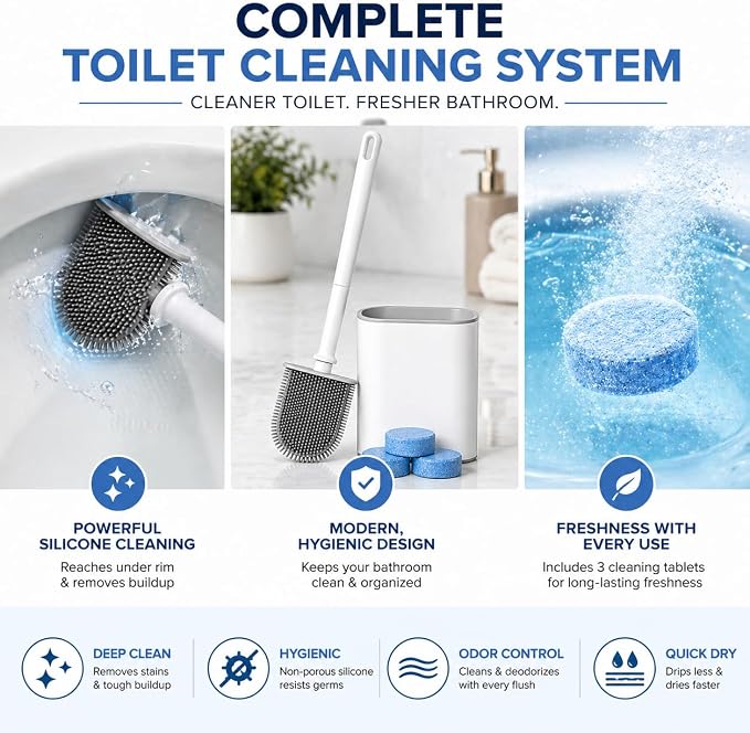 Silicone Toilet Brush and Holder Set with 3 Cleaning Tablets, Quick-Dry Base, Flexible Non-Scratch Bristles, Odor-Free Bathroom Toilet Bowl Cleaner Brush, Compact Space-Saving Design