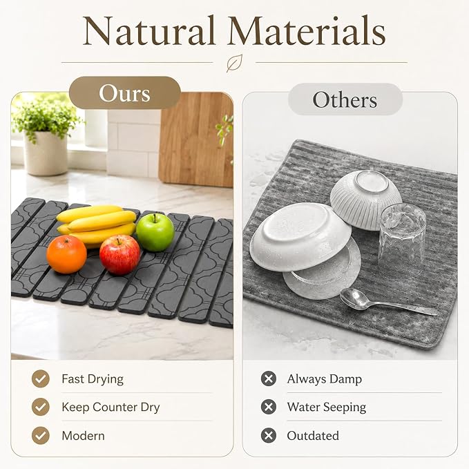 Large Stone Dish Drying Mat for Kitchen Counter, 2PCS Quick Dry Stone Dishes Mat, Foldable Water Absorbing Diatomaceous Drying Organizer Pad for Plates Rack Bottles Utensils(Clover, 24"×16" & 8"x4")