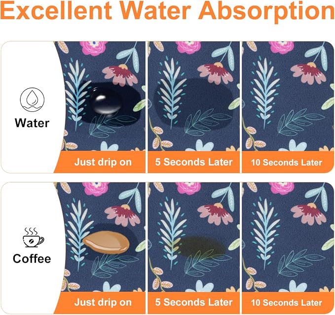 LOKHOM Dish Drying Mat for Kitchen Counter, 12"x20" Absorbent Vintage Diner Rack Mats with Colorful Floral Pattern for Coffee Maker, Coffee Pot, Dining Room Decoration