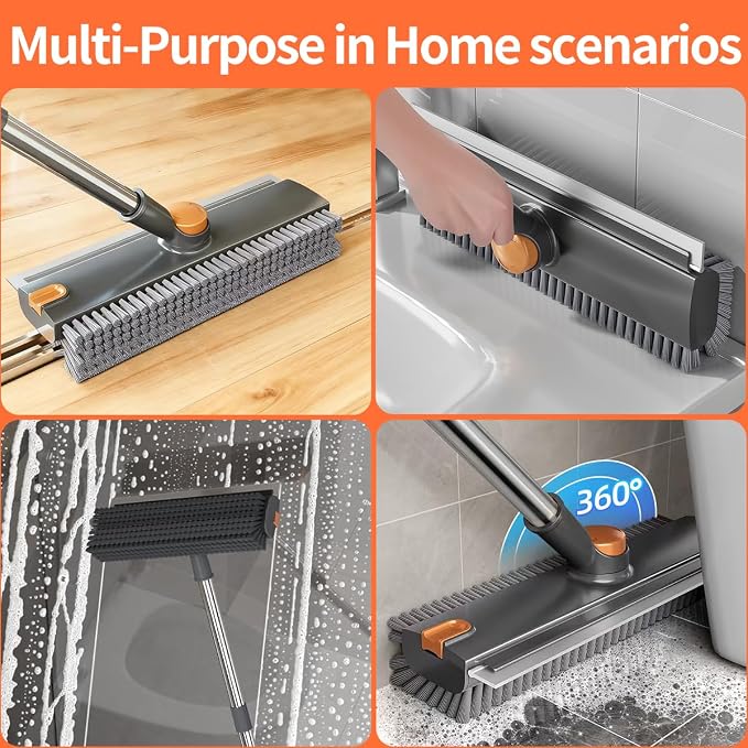 3 in 1 Floor Scrub Brush,Floor Scrubber with Squeegee and Tweezer, Push Broom with Long Handle,Heavy-Duty Stiff 90° Bristle Broom for Patio,Shower, Garage,Deck,Tile, Concrete & Wood Surface