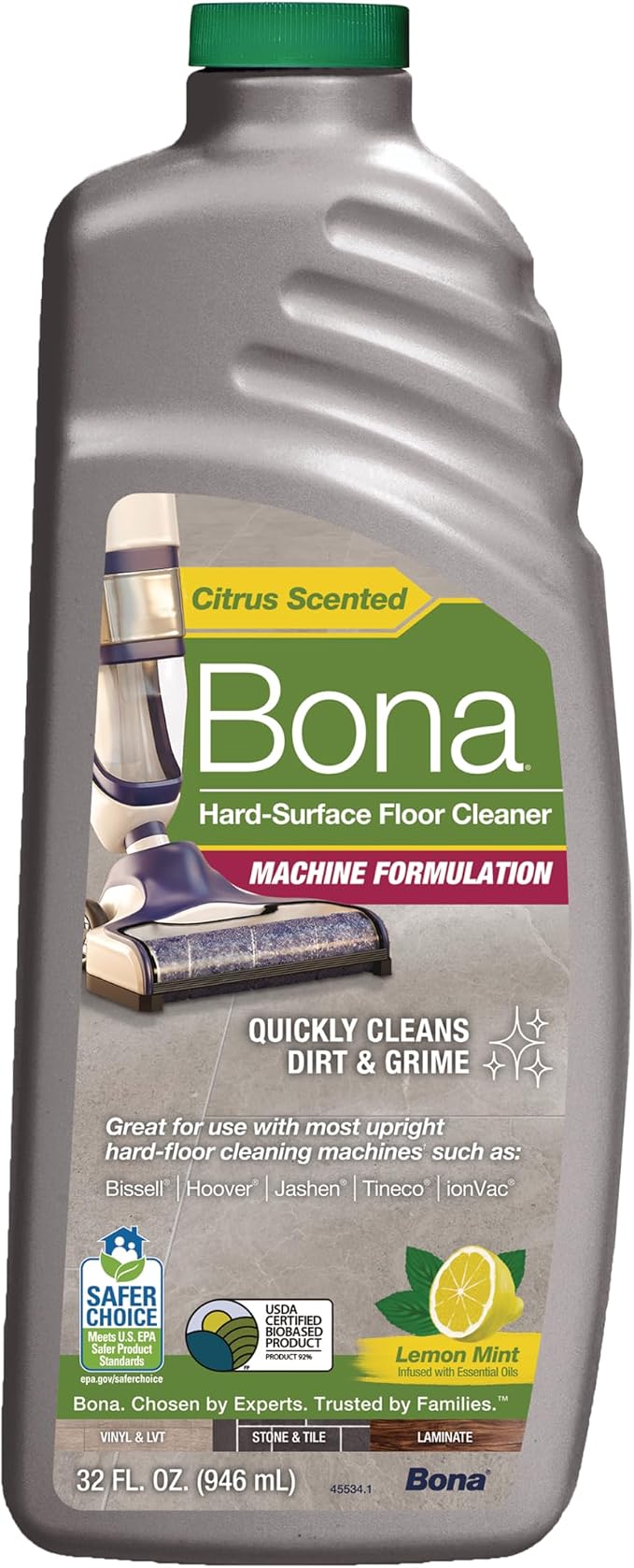 Bona® Hard-Surface Floor Cleaner - Hard-Floor Cleaning Machine Formulation - 32 fl oz - Lemon Mint