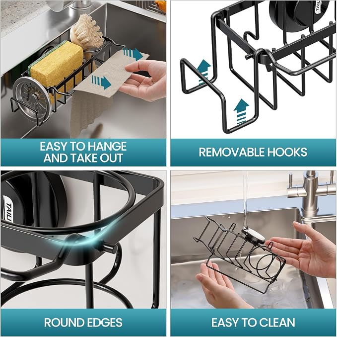 TAILI 4-in-1 Sponge Holder for Kitchen Sink with Strong Suction Cup Removable, Rustproof Stainless Steel Sink Caddy for Sponge, Brush, Scrubber, Scraper -Black