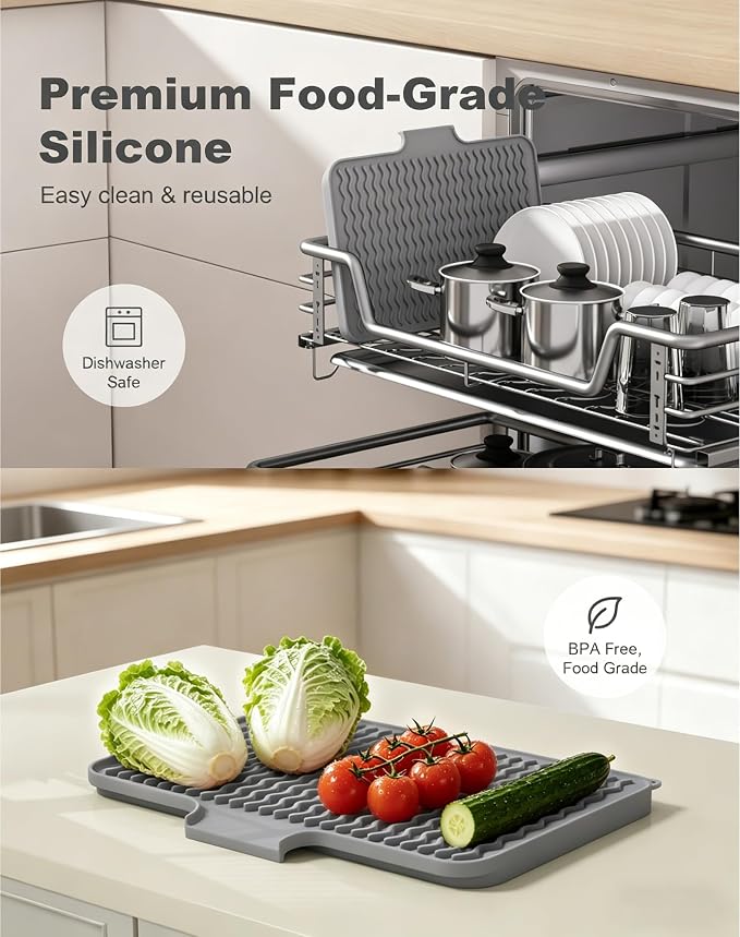 Rnivvi Silicone Dish Drying Mat for Kitchen Counter, 16 x 12" Fast Drainage Dish Rack Pad Drying Mats, Non-Slip Countertop Protector Heat Resistant Trivet, Easy to Clean Sink Drip Pad for Dishes, Gray