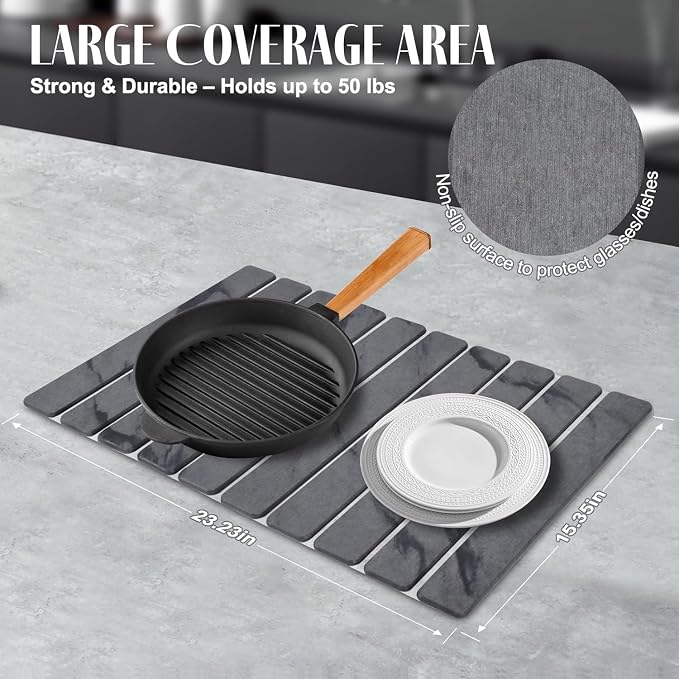 2 PCS Large Stone Dish Drying Mat for Kitchen Counter, 24"×16" Grey Marble Dish Drying Mat with 8"x 4" Coasters, Non - Slip Collapsible Absorbent Stone Dish Drying Mat for Multi - Purpose
