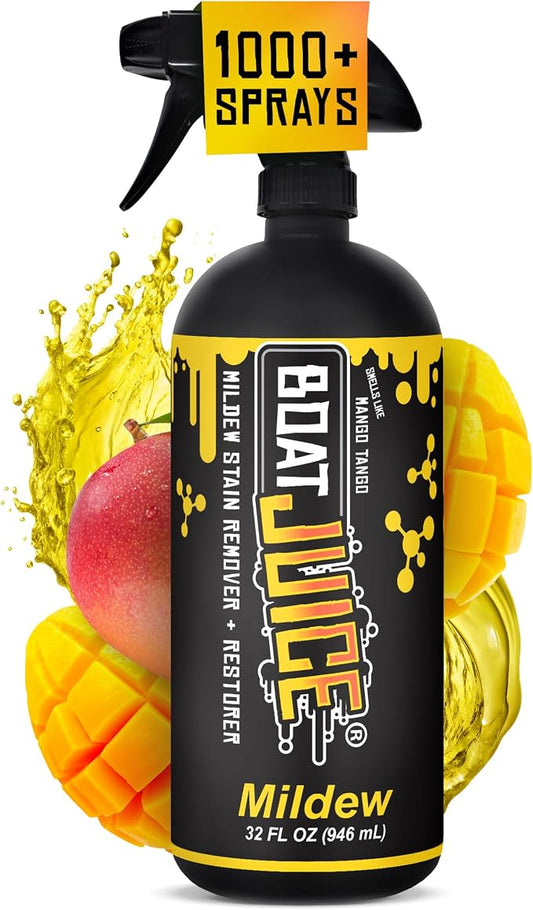 Boat Juice Mildew Stain Remover & Restorer Boat Cleaner | Marine-Grade Boat Mold & Mildew Remover for Vinyl Seats, Upholstery, Cushions & Interior | Fast-Acting, Mango Tango Scent | Made in USA (32oz)