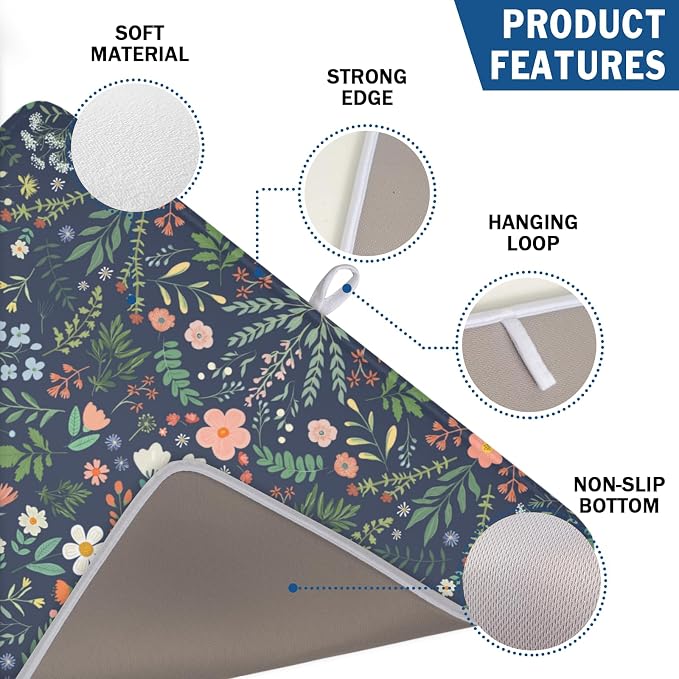 Floral Dish Drying Mat for Kitchen Counter Rustic Flower Leaves Print Microfiber Dish Drainer Mat Farmhouse Floral Absorbent Washable Drying Pad Extra Large 18"x24"
