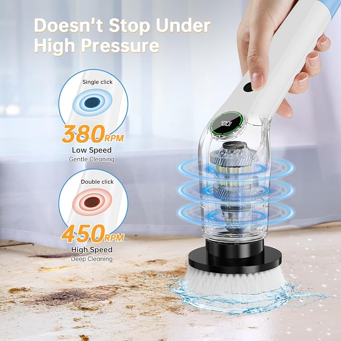 PUFTEM Electric Spin Scrubber, Cordless Shower Scrubber with 8 Scrub Brush, 2 Speed with Adjustable Extension Handle, Battery Level Display, Power Scrubber for Bathroom Bathtub Tile Floor, White