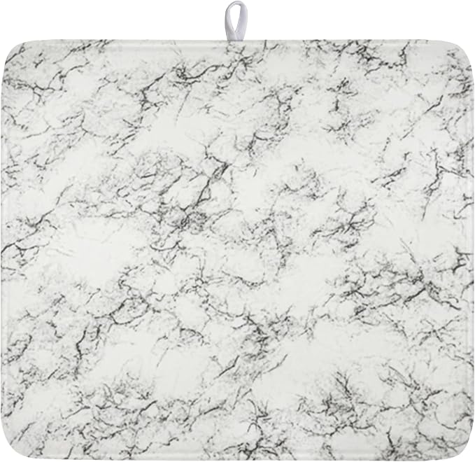 White Grey Marble Dish Drying Mat for Kitchen Counter Modern Marble Pattern Microfiber Dish Drainer Mat Absorbent Washable Drying Pad 16"x18"
