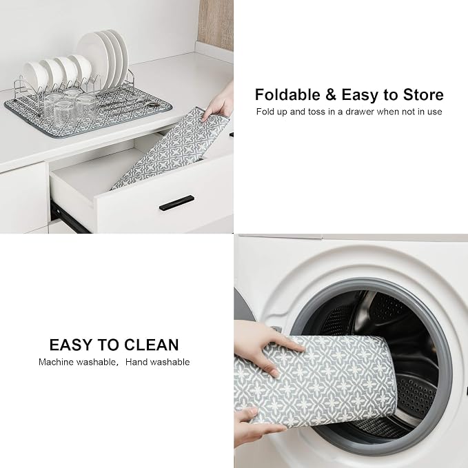 SUBEKYU Dish Drying Mats for Kitchen Counter, Microfiber Absorbent Dish Drainer/Rack Pads for Sink, 19.5*15.8 inch, Set of 2, Grey, leaf