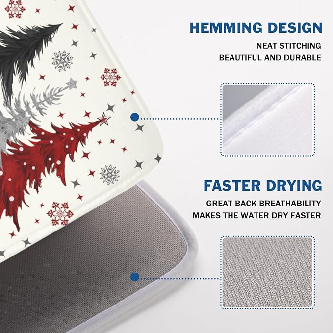 Christmas Gray Red Tree Dish Drying Mat 18x24 Inch Xmas Snowflake | Winter，Polyester，Absorbent Microfiber，for Kitchen Coffee Dining Bar Decor