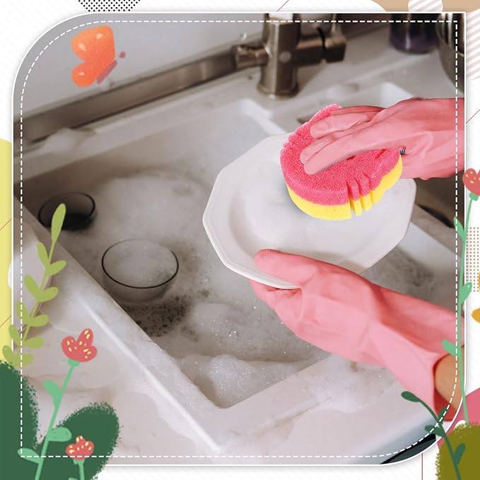 FillTouch 3 Pcs Dual Sided Scrub Sponge Multi Functional Cute Temperature Sensitive Non Scratch Dish Sponge for Washing Dishes Kitchen Bathroom(Cat,Pink, Yellow, Purple)
