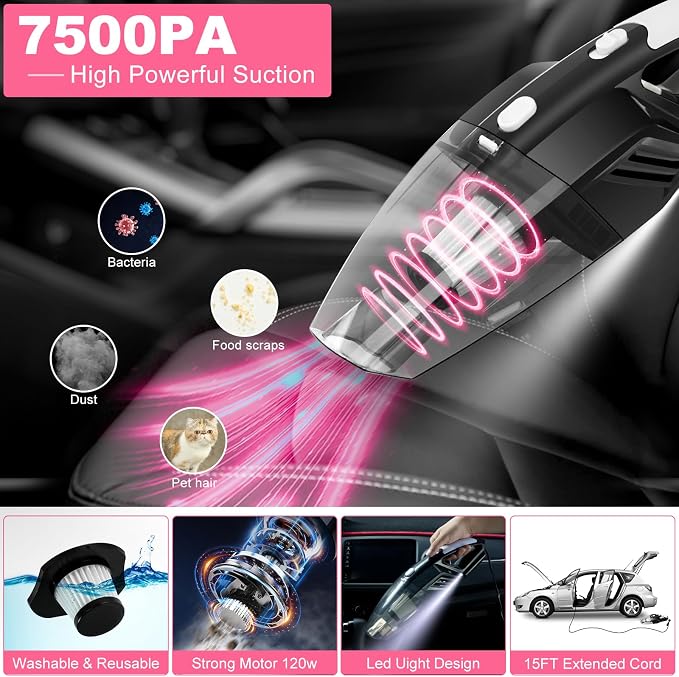 20Pcs Car Cleaning Wash Kit Interior Detailing Cleaner Kit with High Power Handheld Vacuum, Brush Set, Windshield Tool, Duster, Towels, Complete Car Care Tools, Pink