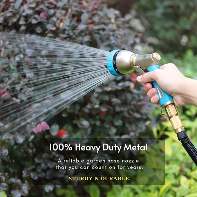 HOSUN 100% Metal Garden Hose Nozzle Sprayer with Ergonomic Handle, Blue | Heavy Duty, 8 Spray Patterns, Zinc Alloy Body, High Pressure, Non-Slip Grip, Squeeze latch, Watering Plant, Washing Car