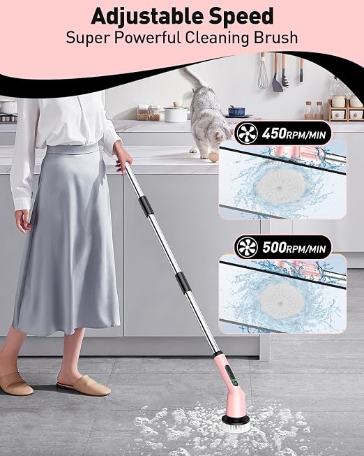 Shower Scrubber with Long Handle, Shower Cleaner Brush with 8 Floor Machine Pads, Cordless Electric Spin Scrubber for Cleaning with 2 Speed, Cleaning Supplies for Bathroom Bathtub Kitchen Floor Toilet