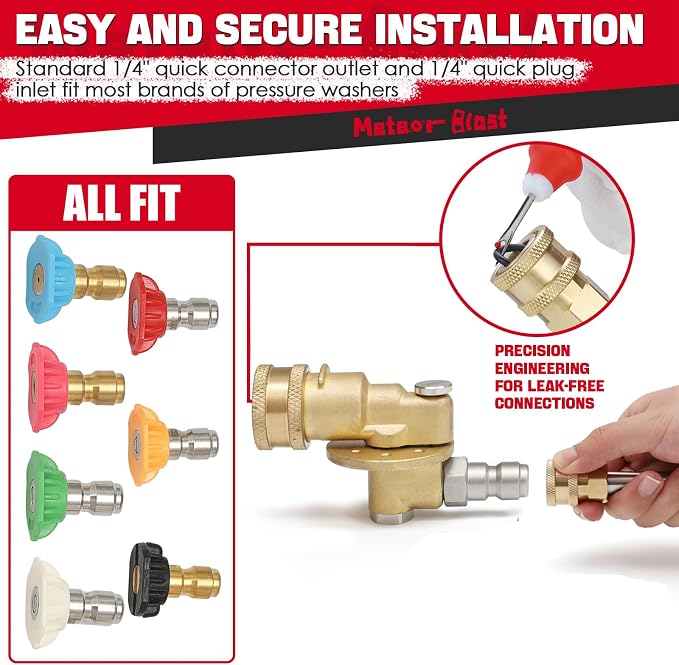 Meteor Blast Pivoting Coupler, 270 Degree with 7 Angles, heavy duty design and Stainless Steel Safety Lock for Pressure Washer Spray Nozzle, Clean Hard to Reach Area, 5000PSI, 1/4” Quick Connect