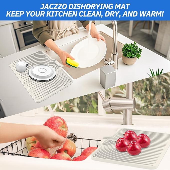 Dish Drying Mat for Kitchen Counter, with Built-in Drain Lip, Food-Grade Silicone, Easy Clean Pad for Countertop Protection, Multi-Functional Use (18x11.8, Beige)