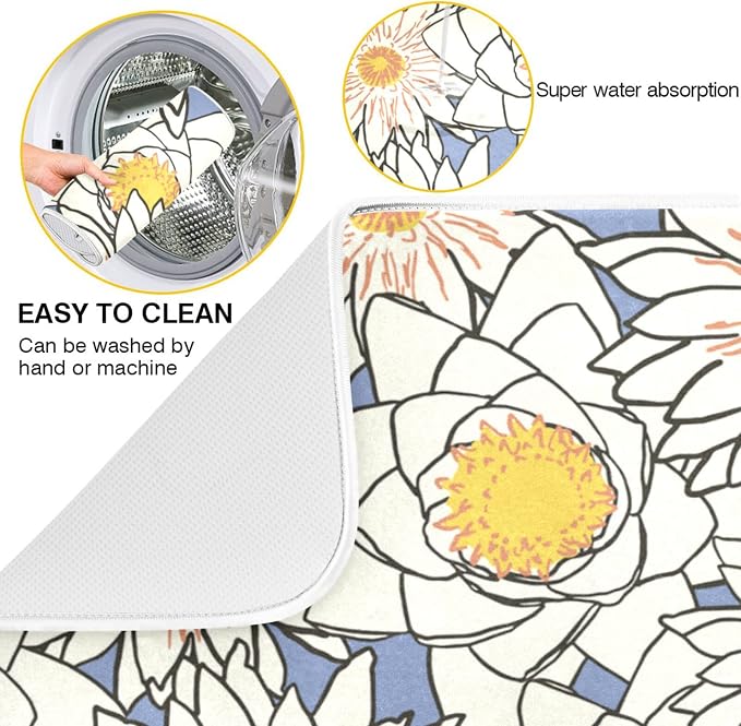Absorbent Dish Drying Mat for Kitchen Counter - Flowers Lotus Yellow Microfiber Drying Pad, Reversible Drainer Mats for Countertop, Lager 18 x 24 inch