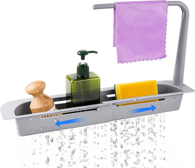 NiHome Telescopic Kitchen Over Sink Organizer with Towel Hanger, Expandable Slim Drain Basket Multifunctional Caddy Adjustable Length Colander Rack Sponge Holder Storage Tray for Home Bathroom (Grey)