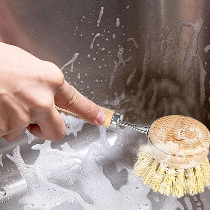 Bamboo Dish Brush with Handle - Soft Bristle Plastic Free Potato Scrubber Brush Compostable & Sustainable Produce Brush for Dishes Pots and Pans