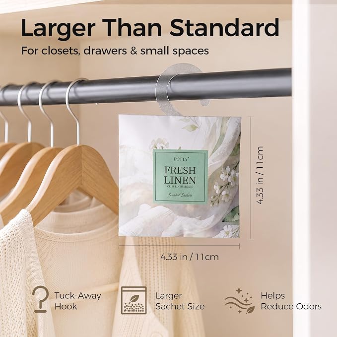 12 Pack Fresh Linen Scented Sachets, Air Freshener for Small Spaces | Hanging Sachet Bags with Retractable Hook; Closet Deodorizer & Odor Eliminator for Drawers, Shoe Cabinets, Cars & Luggage