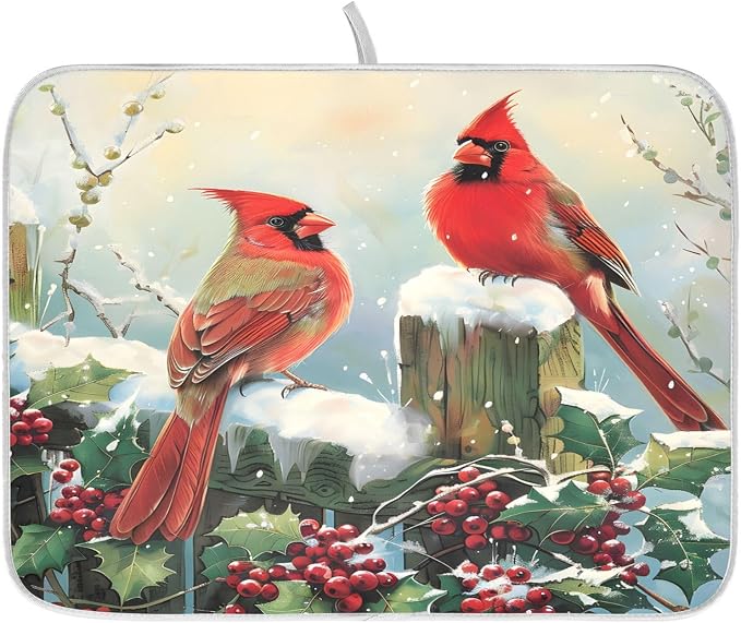 Winter Birds Snowflakes Berry Dish Drying Mat for Kitchen Counter Absorbent Microfiber Small Christmas Drying Pad Dish Mats for Kitchen Countertops 16 x 18 Inch