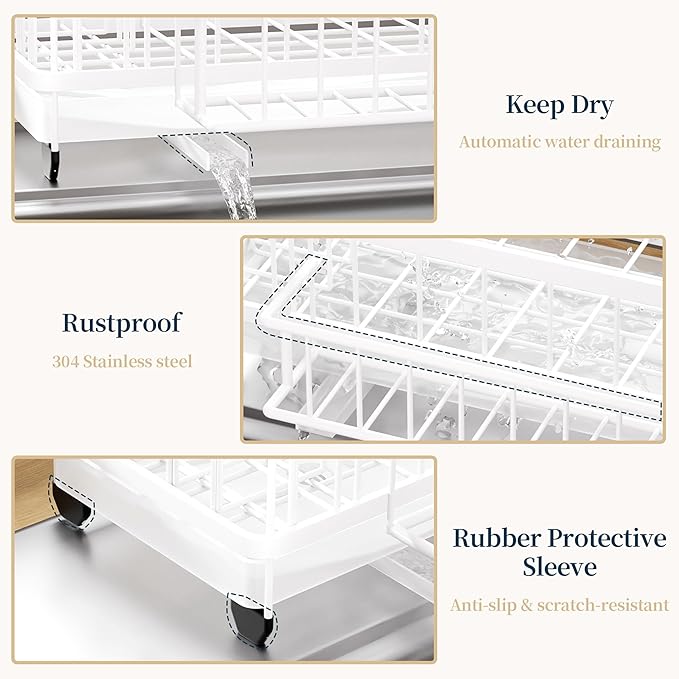 Consumest Sponge Holder for Kitchen Sink - Auto Draining Sink Caddy Organizer with Detachable Rack, High Brush Holder, Kitchen Countertop Storage Accessories, White