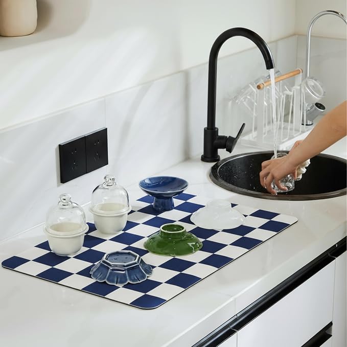 Ohocut Checkered Dish Drying Mat for Kitchen Counter, Coffee Bar Station Accessories, Retro Cute Aesthetic Modern Absorbent Drainer Mat Kitchen Drying Mat Easy Clean (Navy Blue, 24" x 16")